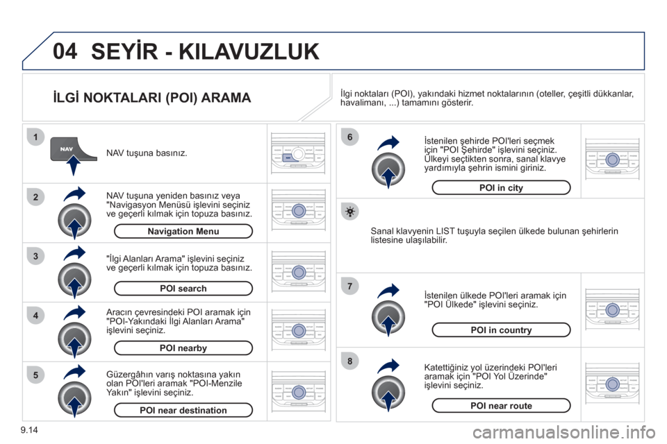 Peugeot Partner Tepee 2012 Kullanım Kılavuzu (in Turkish) 04
8
6
7
4
3
5
2
1
9.14
SEYİR - KILAVUZLUK
İLGİ NOKTALARI (POI) ARAMA
NAV tuşuna basınız.
NAV tuşuna yeniden basınız veya
"Navigasyon Menüsü işlevini seçiniz
ve geçerli k Peugeot Partner Tepee 2012 Kullanım Kılavuzu (in Turkish) 04
8
6
7
4
3
5
2
1
9.14
SEYİR - KILAVUZLUK
İLGİ NOKTALARI (POI) ARAMA
NAV tuşuna basınız.
NAV tuşuna yeniden basınız veya
"Navigasyon Menüsü işlevini seçiniz
ve geçerli k