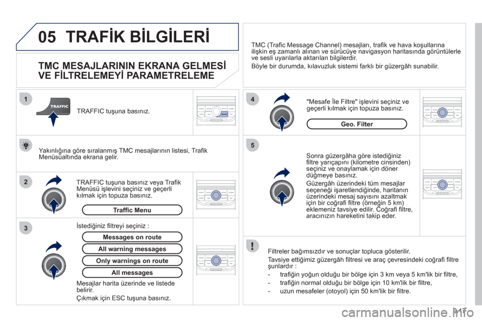 Peugeot Partner Tepee 2012 Kullanım Kılavuzu (in Turkish) 05
2 1
3
4
5
9.17
TRAFİK BİLGİLERİ
TMC MESAJLARININ EKRANA GELMESİ
VE FİLTRELEMEYİ PARAMETRELEME
Sonra güzergâha göre istediğiniz
fi ltre yarıçapını (kilometre c Peugeot Partner Tepee 2012 Kullanım Kılavuzu (in Turkish) 05
2 1
3
4
5
9.17
TRAFİK BİLGİLERİ
TMC MESAJLARININ EKRANA GELMESİ
VE FİLTRELEMEYİ PARAMETRELEME
Sonra güzergâha göre istediğiniz
fi ltre yarıçapını (kilometre c