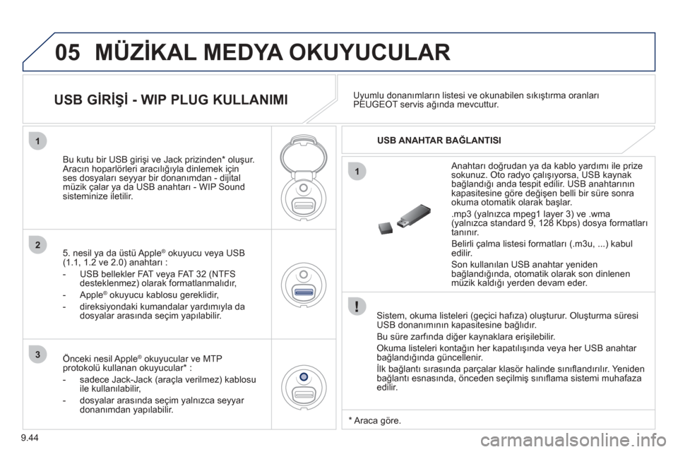 Peugeot Partner Tepee 2012 Kullanım Kılavuzu (in Turkish) 05
1
1
2
3
9.44
MÜZİKAL MEDYA OKUYUCULAR
Sistem, okuma listeleri (geçici hafıza) oluşturur. Oluşturma süresi USB donan ımının kapasitesine ba ğlıdır.
Bu süre zar
fında di ğer kayna Peugeot Partner Tepee 2012 Kullanım Kılavuzu (in Turkish) 05
1
1
2
3
9.44
MÜZİKAL MEDYA OKUYUCULAR
Sistem, okuma listeleri (geçici hafıza) oluşturur. Oluşturma süresi USB donan ımının kapasitesine ba ğlıdır.
Bu süre zar
fında di ğer kayna