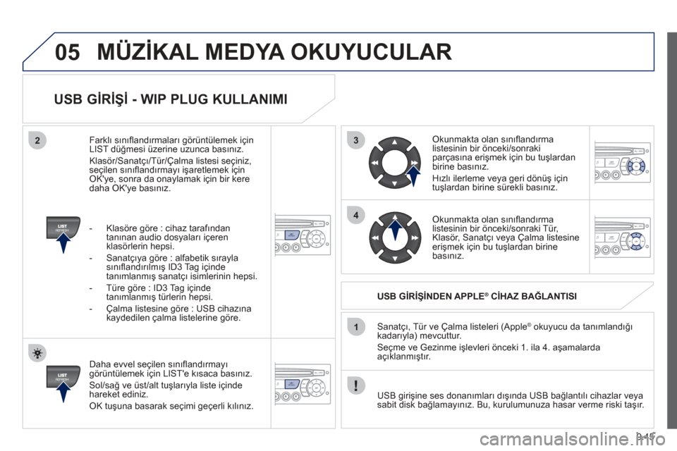 Peugeot Partner Tepee 2012 Kullanım Kılavuzu (in Turkish) 3
4
05
2
1
LISTREFRESH
LISTREFRESH
9.45
USB GİRİŞİ - WIP PLUG KULLANIMI
Daha evvel seçilen s ınıfl andırmayı
görüntülemek için LISTe k ısaca basınız.
Sol/sağ ve üst/alt tu Peugeot Partner Tepee 2012 Kullanım Kılavuzu (in Turkish) 3
4
05
2
1
LISTREFRESH
LISTREFRESH
9.45
USB GİRİŞİ - WIP PLUG KULLANIMI
Daha evvel seçilen s ınıfl andırmayı
görüntülemek için LISTe k ısaca basınız.
Sol/sağ ve üst/alt tu