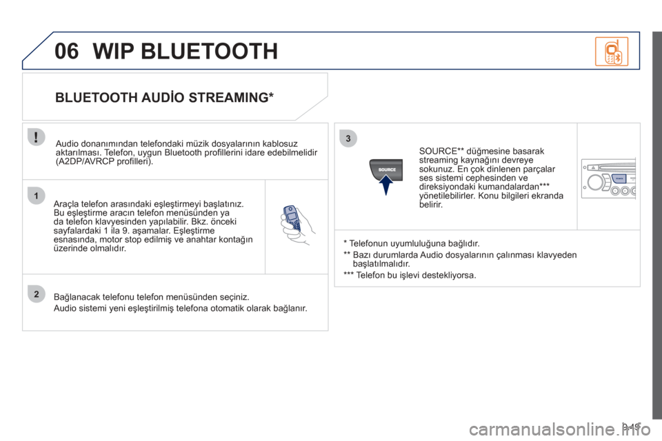 Peugeot Partner Tepee 2012 Kullanım Kılavuzu (in Turkish) 1
2
3
SOURCE
06
9.49
Araçla telefon arasındaki eşleştirmeyi başlatınız.
Bu eşleştirme aracın telefon menüsünden ya
da telefon klav
yesinden yapılabilir. Bkz. öncekisayfalardaki 1 ila Peugeot Partner Tepee 2012 Kullanım Kılavuzu (in Turkish) 1
2
3
SOURCE
06
9.49
Araçla telefon arasındaki eşleştirmeyi başlatınız.
Bu eşleştirme aracın telefon menüsünden ya
da telefon klav
yesinden yapılabilir. Bkz. öncekisayfalardaki 1 ila