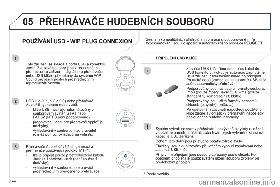 Peugeot Partner Tepee 2012  Návod k obsluze (in Czech) 05
1
1
2
3
9.44
  PŘEHRÁVAČE HUDEBNÍCH SOUBORŮ 
 
 
Systém vytvoří seznamy přehrávání, nazývané playlisty (uložené
v dočasné paměti), přičemž doba trvání jejich vytváření z