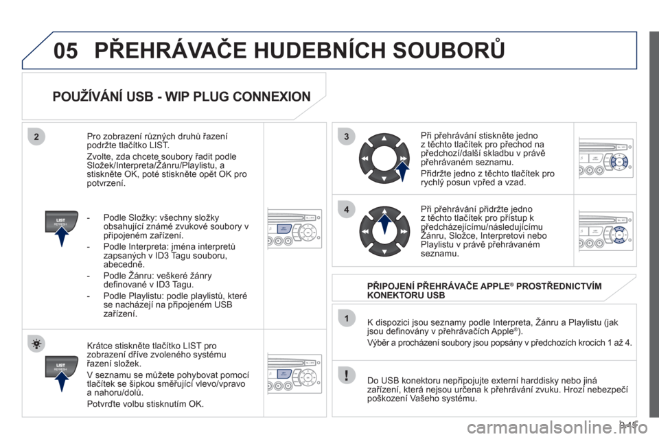 Peugeot Partner Tepee 2012  Návod k obsluze (in Czech) 3
4
05
2
1
LISTREFRESH
LISTREFRESH
9.45
   
POUŽÍVÁNÍ USB - WIP PLUG CONNEXION 
 
 
Krátce stiskněte tlačítko LIST pro zobrazení dříve zvoleného systému řazení složek.
  V seznamu se m