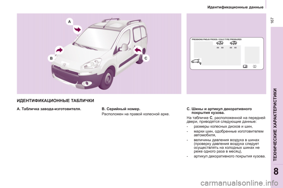 Peugeot Partner Tepee 2012  Инструкция по эксплуатации (in Russian)  16
7
ТЕХНИЧЕСКИЕ ХАРАКТЕРИСТИКИ
8
B^_glbnbdZpbhggu_ данные
 
ИДЕНТИФИКАЦИОННЫЕ ТАБЛИЧКИ 
 
 
 
A. Табличка завод