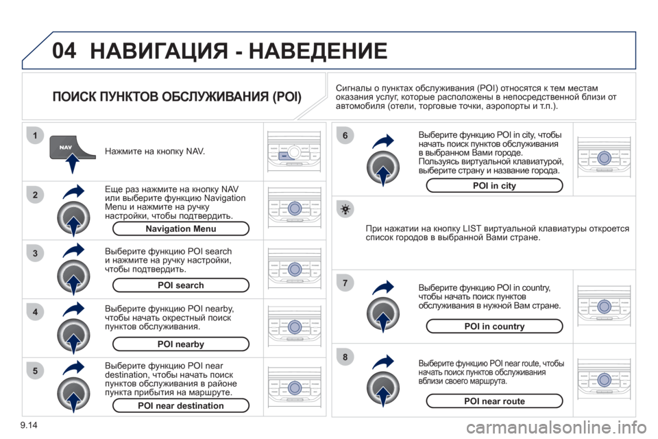Peugeot Partner Tepee 2012 Инструкция по эксплуатации (in Russian) 04
8
6
7
4
3
5
2
1
9.14
НАВИГАЦИЯ - НАВЕДЕНИЕ
ПОИСК ПУНКТОВ ОБСЛУЖИВАНИЯ (POI)
Нажмите на кнопку NAV.
Еще раз нажмите Peugeot Partner Tepee 2012 Инструкция по эксплуатации (in Russian) 04
8
6
7
4
3
5
2
1
9.14
НАВИГАЦИЯ - НАВЕДЕНИЕ
ПОИСК ПУНКТОВ ОБСЛУЖИВАНИЯ (POI)
Нажмите на кнопку NAV.
Еще раз нажмите