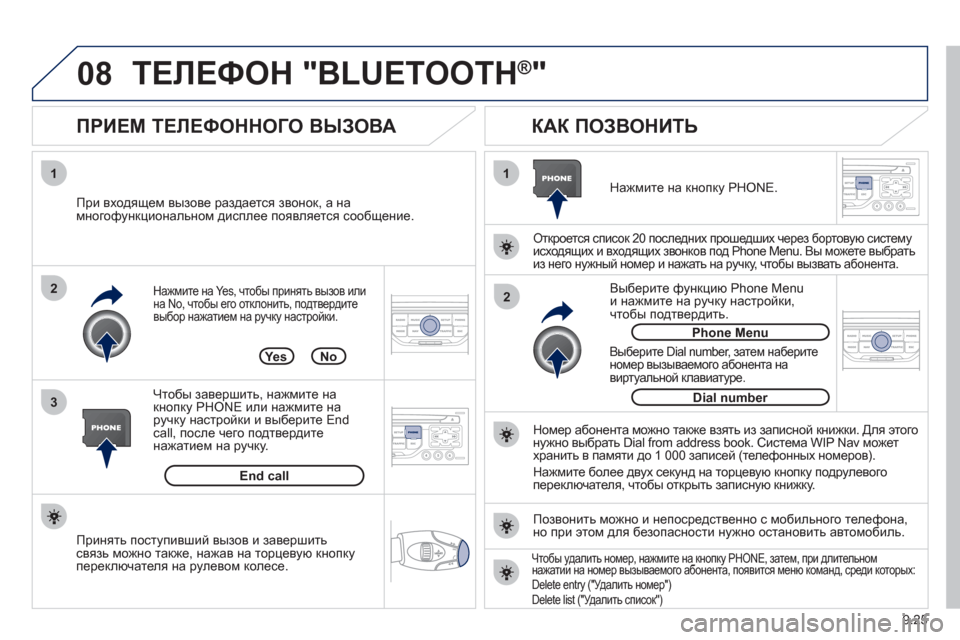 Peugeot Partner Tepee 2012 Инструкция по эксплуатации (in Russian) 08
1
3 2
2 1
9.25
Нажмите на Yes, чтобы принять вызов или
на No, чтобы его отклонить, подтвердите
выбор нажатием на ручку Peugeot Partner Tepee 2012 Инструкция по эксплуатации (in Russian) 08
1
3 2
2 1
9.25
Нажмите на Yes, чтобы принять вызов или
на No, чтобы его отклонить, подтвердите
выбор нажатием на ручку