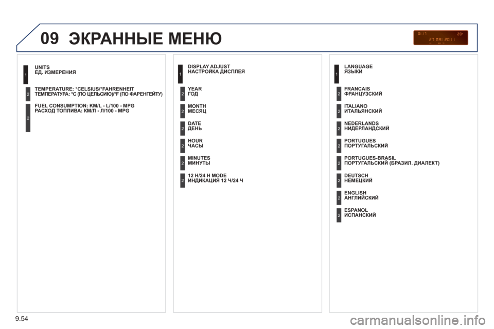 Peugeot Partner Tepee 2012 Инструкция по эксплуатации (in Russian) 09
9.54
ЕД. ИЗМЕРЕНИЯ
ТЕМПЕРАТУРА : °C (ПО ЦЕЛЬСИЮ)/°F (ПО ФАРЕНГЕЙТУ)
РА СХ О Д ТОПЛИВА : КМ/Л - Л/100 - MPG
1
2
2
ЭКРАННЫ Peugeot Partner Tepee 2012 Инструкция по эксплуатации (in Russian) 09
9.54
ЕД. ИЗМЕРЕНИЯ
ТЕМПЕРАТУРА : °C (ПО ЦЕЛЬСИЮ)/°F (ПО ФАРЕНГЕЙТУ)
РА СХ О Д ТОПЛИВА : КМ/Л - Л/100 - MPG
1
2
2
ЭКРАННЫ