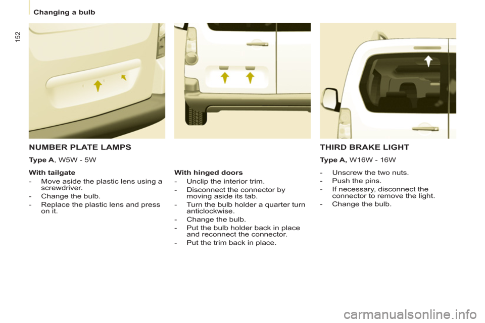 Peugeot Partner Tepee 2011  Owners Manual 152
   
 
Changing a bulb  
 
 
NUMBER PLATE LAMPS 
 
 
 
 
-   Unscrew the two nuts. 
   
-   Push the pins. 
   
-   If necessary, disconnect the 
connector to remove the light. 
   
-   Change the 