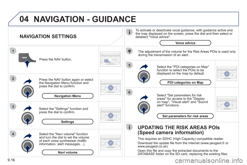 Peugeot Partner Tepee 2011  Owners Manual 9.16
04
5
6
3 2 1
4
   
NAVIGATION SETTINGS 
 
 
Select "Set parameters for risk
areas" for access to the "Display 
on map", "Visual alert" and "Soundalert" functions.    
Select the "POI categories o