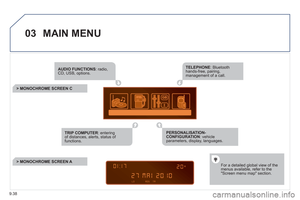 Peugeot Partner Tepee 2011  Owners Manual 9.38
03MAIN MENU
AUDIO FUNCTIONS: radio,CD, USB, options.
   
 
 
 
 
 
 
 
> MONOCHROME SCREEN C
For a detailed global view of the menus available, refer to the"Screen menu map" section.
TELEPHONE: B