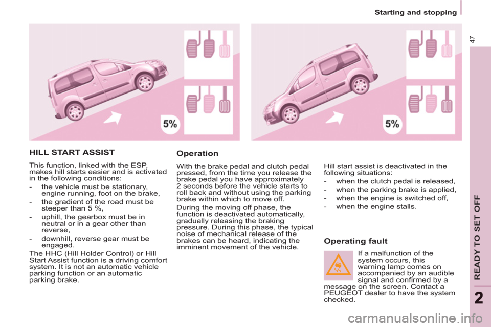 Peugeot Partner Tepee 2011 Service Manual 47
READY TO SET OFF
22
   
 
Starting and stopping  
 
 
HILL START ASSIST 
 
This function, linked with the ESP, 
makes hill starts easier and is activated 
in the following conditions: 
   
 
-   th