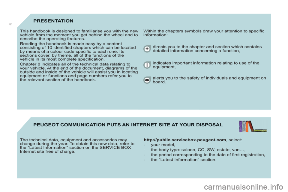 Peugeot Partner Tepee 2011  Owners Manual 4PRESENTATION
  Within the chapters symbols draw your attention to speciﬁ c 
information:    This handbook is designed to familiarise you with the new 
vehicle from the moment you get behind the whe