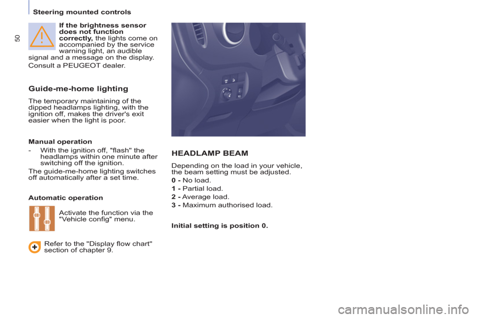 Peugeot Partner Tepee 2011 Workshop Manual 50
   
 
Steering mounted controls  
 
   
If the brightness sensor 
does not function 
correctly,  the lights come on 
accompanied by the service 
warning light, an audible 
signal and a message on t