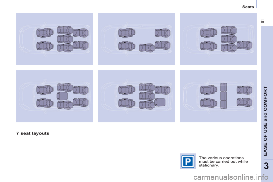 Peugeot Partner Tepee 2011 Manual Online  81
EASE OF USE
andCOMFOR
T
3
   
 
 
 
 
Seats  
 
 
 
 
 
 
7 seat layouts  
 
 
The various operations 
must be carried out while 
stationary.   