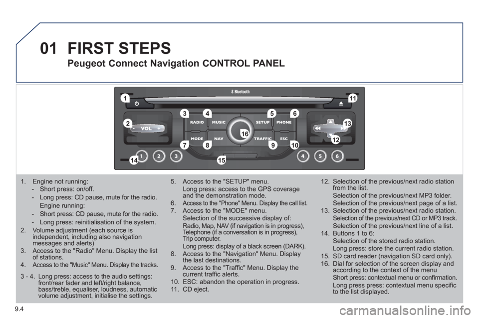 Peugeot Partner Tepee 2011  Owners Manual - RHD (UK, Australia) 01
11
55
101
22
334466
131
111
99
144155
77881212161
9.4
1.  Engine not running:  - Short press: on/off.
- Long press: CD pause, mute for the radio.  
 Engine running:
- Short press: CD pause, mute fo