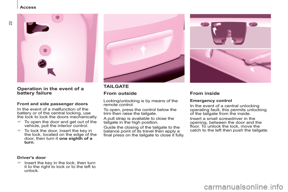 Peugeot Partner Tepee 2011   - RHD (UK, Australia) Owners Guide 22
   
 
 
Access  
 
 
 
 
 
 
 
 
 
Operation in the event of a 
battery failure 
   
Front and side passenger doors 
  In the event of a malfunction of the 
battery or of the central locking, use 
