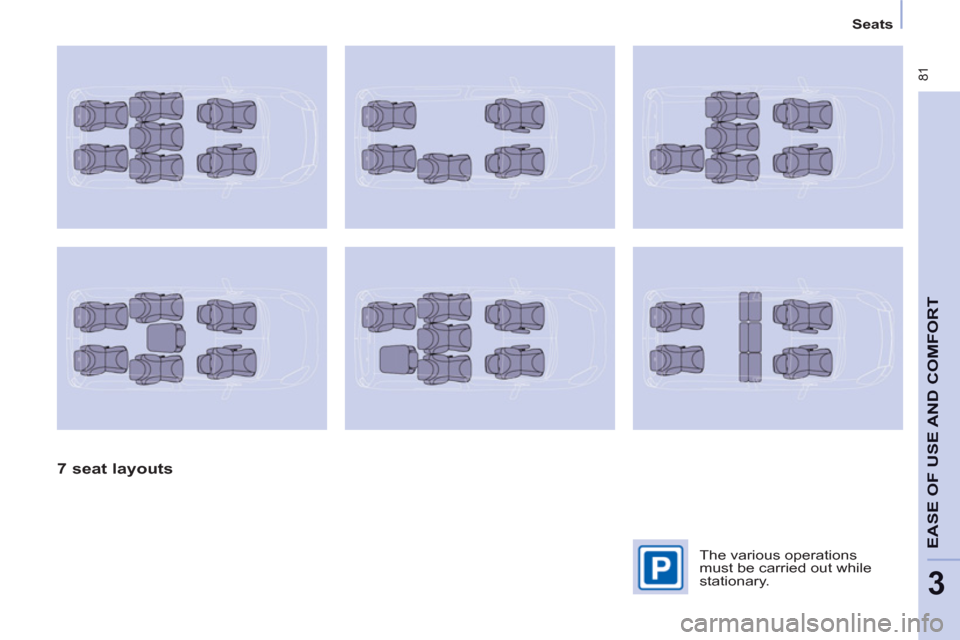 Peugeot Partner Tepee 2011   - RHD (UK, Australia) Manual Online  81
EASE OF USE AND COMFOR
T
3
   
 
 
 
 
Seats  
 
 
 
 
 
 
7 seat layouts  
 
 
The various operations 
must be carried out while 
stationary.   