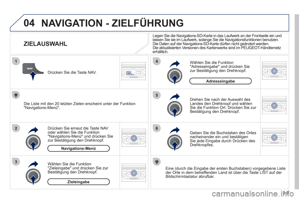 Peugeot Partner Tepee 2011  Betriebsanleitung (in German) 9.9
04
1
2
3
5
6
4
  NAVIGATION - ZIELFÜHRUNG
 
 
 
 
 
 
 
 
 
 
 
 
 
 
 
 
ZIELAUSWAHL 
Drücken Sie erneut die Taste NAVoder wählen Sie die Funktion "Navigations-Menü" und drücken Sie 
zur Bes
