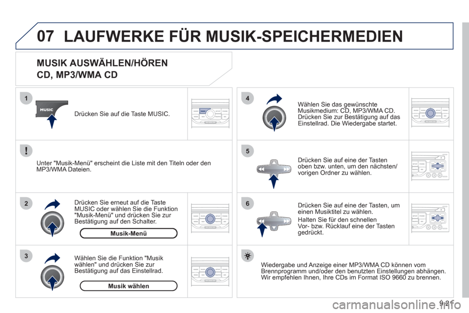 Peugeot Partner Tepee 2011  Betriebsanleitung (in German) 9.21
07
3 2 1
6
4
5
   
 
 
 
 
 
 
 
 
 
 
MUSIK AUSWÄHLEN/HÖREN  
CD, MP3/WMA CD 
Wiedergabe und Anzeige einer MP3/WMA CD können vomBrennprogramm und/oder den benutzten Einstellungen abhängen. 
