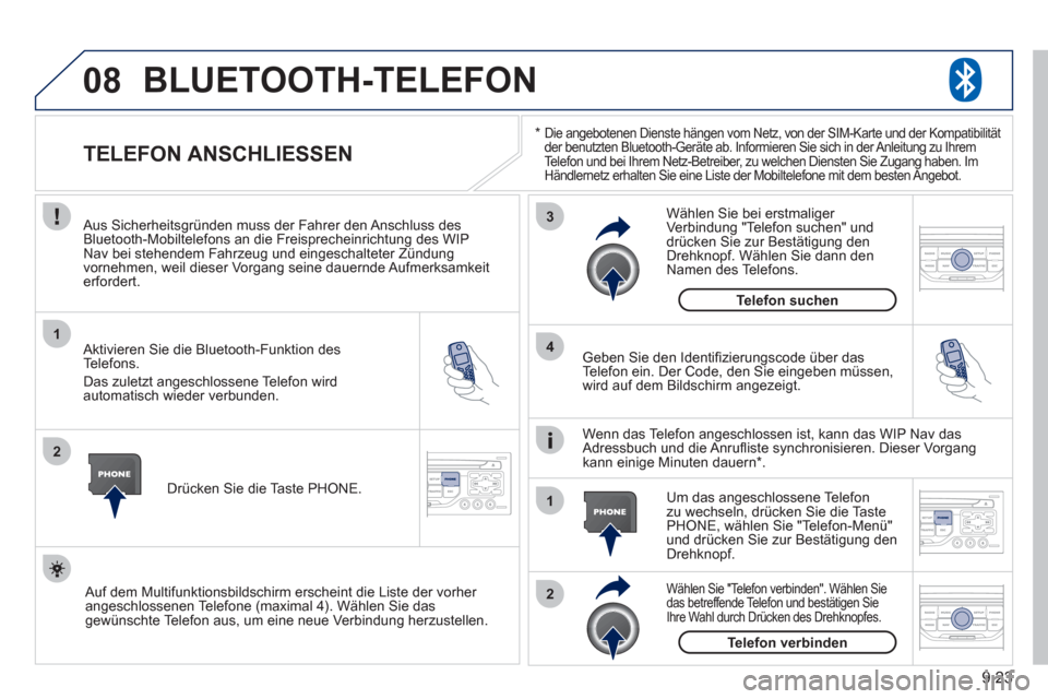 Peugeot Partner Tepee 2011  Betriebsanleitung (in German) 9.23
08
1
2
3
2 1 4
*Die angebotenen Dienste hängen vom Netz, von der SIM-Karte und der Kompatibilität
der benutzten Bluetooth-Geräte ab. Informieren Sie sich in der Anleitung zu Ihrem 
Telefon und