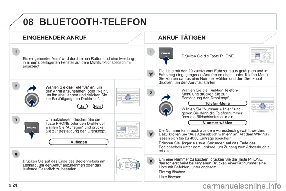 Peugeot Partner Tepee 2011  Betriebsanleitung (in German) 9.24
08
1
3 2
2 1den Anruf anzunehmen, oder  "Nein" , 
um ihn abzulehnen und drücken Siezur Bestätigung den Drehknopf.
   
EINGEHENDER ANRUF    
ANRUF TÄTIGEN 
 
 
Ein eingehender Anruf wird durch 