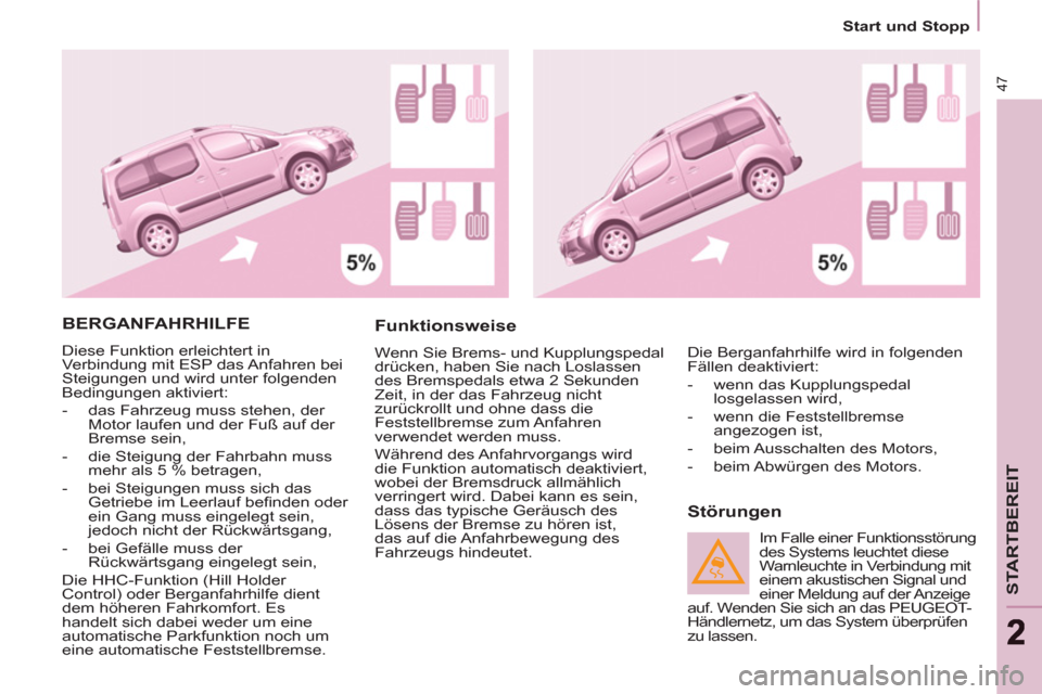 Peugeot Partner Tepee 2011  Betriebsanleitung (in German) 47
STARTBEREIT
22
Start und Stopp
  BERGANFAHRHILFE 
 
Diese Funktion erleichtert in 
Verbindung mit ESP das Anfahren bei 
Steigungen und wird unter folgenden 
Bedingungen aktiviert: 
   
 
-   das Fa