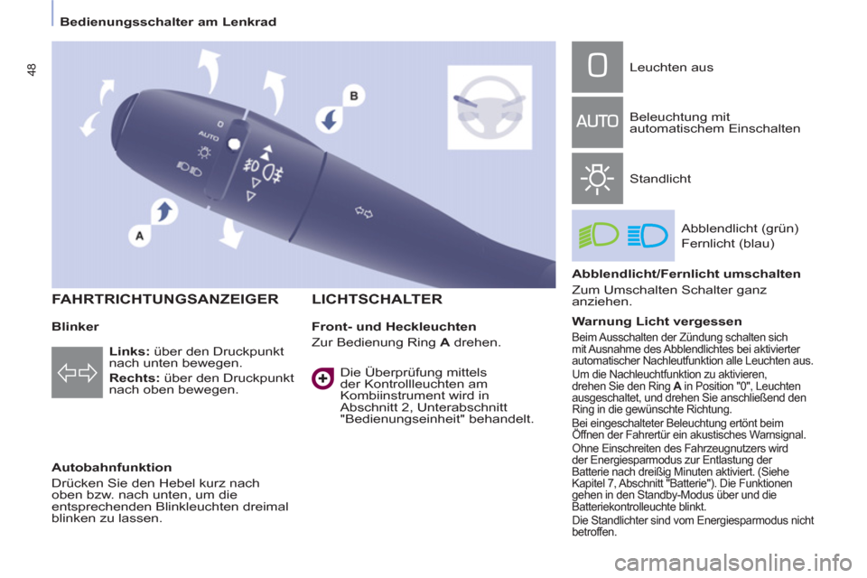 Peugeot Partner Tepee 2011  Betriebsanleitung (in German) 48
   
 
Bedienungsschalter am Lenkrad  
 
   
Blinker 
   
Autobahnfunktion 
  Drücken Sie den Hebel kurz nach 
oben bzw. nach unten, um die 
entsprechenden Blinkleuchten dreimal 
blinken zu lassen.