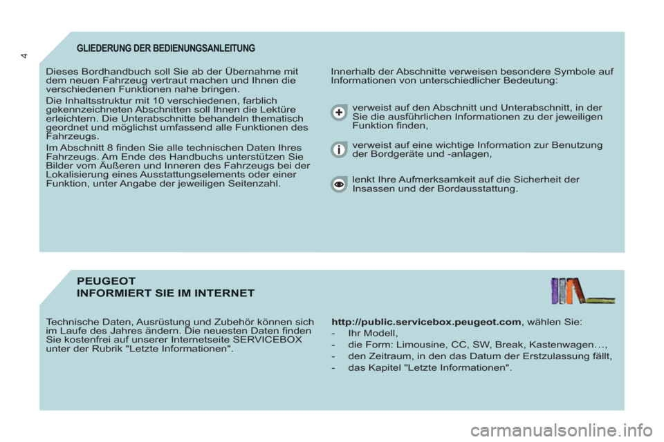 Peugeot Partner Tepee 2011  Betriebsanleitung (in German) 4GLIEDERUNG DER BEDIENUNGSANLEITUNG 
  Innerhalb der Abschnitte verweisen besondere Symbole auf 
Informationen von unterschiedlicher Bedeutung:    Dieses Bordhandbuch soll Sie ab der Übernahme mit 
d