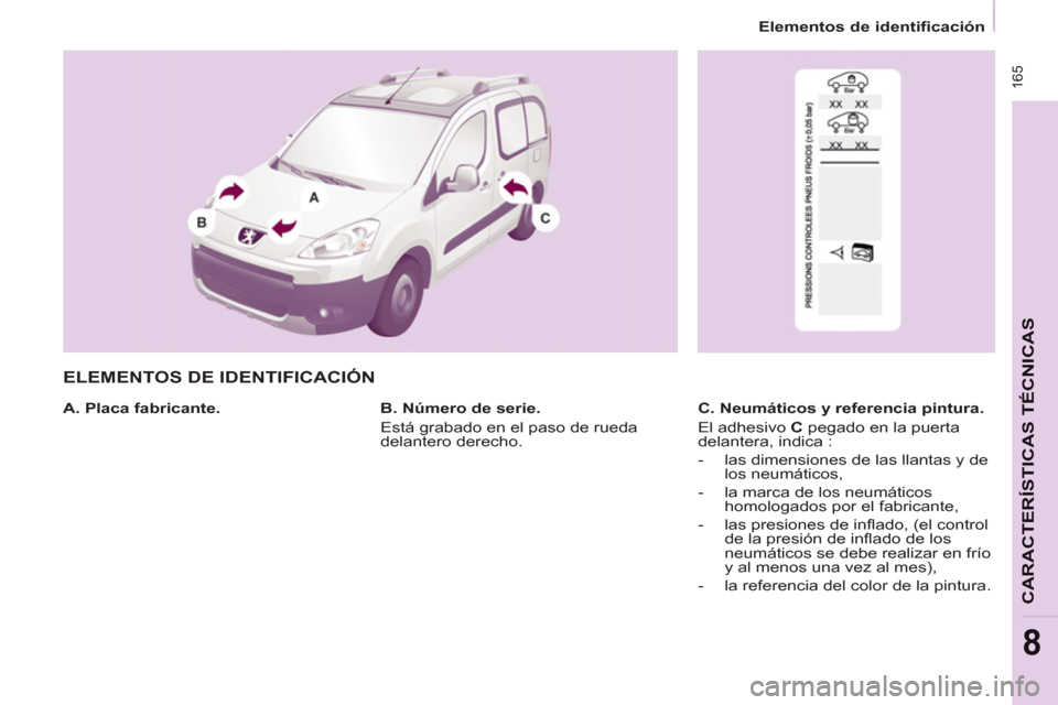 Peugeot Partner Tepee 2011  Manual del propietario (in Spanish)  165
CARACTERÍSTICAS TÉCNICA
S
8
Elementos de identificación
  ELEMENTOS DE IDENTIFICACIÓN
 
 
A. Placa fabricante.    
C. Neumáticos y referencia pintura. 
  El adhesivo  C 
 pegado en la puerta