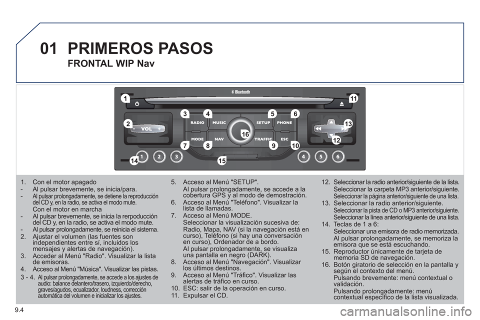 Peugeot Partner Tepee 2011 Manual del propietario (in Spanish) 9.4
01
1
55
101
22
334466
131
111
99
144155
77881212161
1. Con el motor apagado- Al pulsar brevemente, se inicia/para. - Al pulsar prolongadamente, se detiene la reproducción del CD y, en la radio Peugeot Partner Tepee 2011 Manual del propietario (in Spanish) 9.4
01
1
55
101
22
334466
131
111
99
144155
77881212161
1. Con el motor apagado- Al pulsar brevemente, se inicia/para. - Al pulsar prolongadamente, se detiene la reproducción del CD y, en la radio
