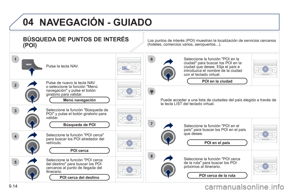 Peugeot Partner Tepee 2011 Manual del propietario (in Spanish) 9.14
04
8
6
7
4
3
5
2
1
NAVEGACIÓN - GUIADO
BÚSQUEDA DE PUNTOS DE INTERÉS
(POI)
Pulse la tecla NAV.
P
ulse de nuevo la tecla NAVo seleccione la función "Menú navegación" y pulse el Peugeot Partner Tepee 2011 Manual del propietario (in Spanish) 9.14
04
8
6
7
4
3
5
2
1
NAVEGACIÓN - GUIADO
BÚSQUEDA DE PUNTOS DE INTERÉS
(POI)
Pulse la tecla NAV.
P
ulse de nuevo la tecla NAVo seleccione la función "Menú navegación" y pulse el