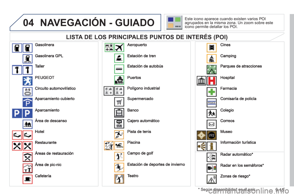 Peugeot Partner Tepee 2011 Manual del propietario (in Spanish) 9.15
04NAVEGACIÓN - GUIADO
LISTA DE LOS PRINCIPALES PUNTOS DE INTERÉS (POI)
*
Según disponibilidad en el país. Este icono a
parece cuando existen varios POIagrupados en la misma zona. Un z Peugeot Partner Tepee 2011 Manual del propietario (in Spanish) 9.15
04NAVEGACIÓN - GUIADO
LISTA DE LOS PRINCIPALES PUNTOS DE INTERÉS (POI)
*
Según disponibilidad en el país. Este icono a
parece cuando existen varios POIagrupados en la misma zona. Un z