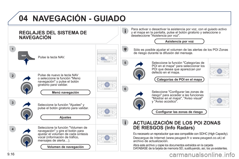 Peugeot Partner Tepee 2011 Manual del propietario (in Spanish) 9.16
04
5
6
3 2 1
4
REGLAJES DEL SISTEMA DE
NAVEGACIÓN
Seleccione "Confi gurar las zonas deriesgo" para acceder a las funciones "Mostrar en el mapa", "Aviso visual" y "Aviso acústico". Peugeot Partner Tepee 2011 Manual del propietario (in Spanish) 9.16
04
5
6
3 2 1
4
REGLAJES DEL SISTEMA DE
NAVEGACIÓN
Seleccione "Confi gurar las zonas deriesgo" para acceder a las funciones "Mostrar en el mapa", "Aviso visual" y "Aviso acústico".
