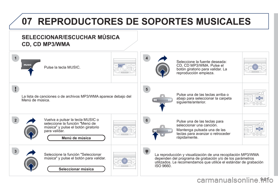 Peugeot Partner Tepee 2011 Manual del propietario (in Spanish) 9.21
07
3 2 1
6
4
5
SELECCIONAR/ESCUCHAR MÚSICA
CD, CD MP3/WMA
La reproducción y visualización de una recopilación MP3/WMA
dependen del programa de grabación y/o de Peugeot Partner Tepee 2011 Manual del propietario (in Spanish) 9.21
07
3 2 1
6
4
5
SELECCIONAR/ESCUCHAR MÚSICA
CD, CD MP3/WMA
La reproducción y visualización de una recopilación MP3/WMA
dependen del programa de grabación y/o de