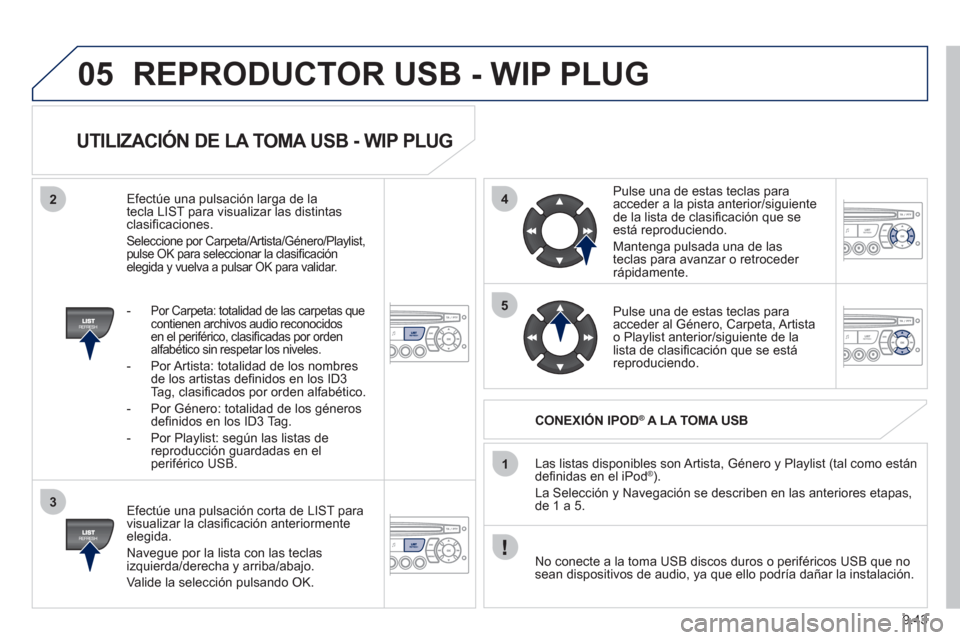 Peugeot Partner Tepee 2011  Manual del propietario (in Spanish) 9.43
05
42
3
1
5
REPRODUCTOR USB - WIP PLUG 
   
UTILIZACIÓN DE LA TOMA USB - WIP PLUG 
 
 
Efectúe una pulsación corta de LIST para
visualizar la clasiﬁ caciÛn anteriormenteelegida. 
  Nave
gue