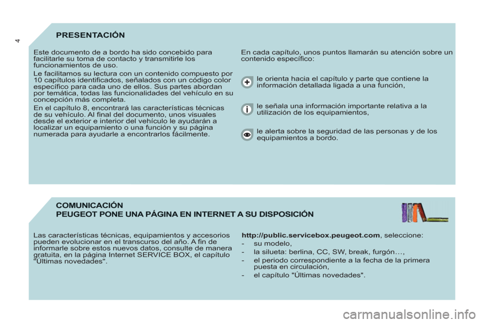 Peugeot Partner Tepee 2011 Manual del propietario (in Spanish) 4PRESENTACIÓN
En cada capítulo, unos puntos llamarán su atención sobre un
contenido específi co: Este documento de a bordo ha sido concebido para
facilitarle su toma de contacto y transm Peugeot Partner Tepee 2011 Manual del propietario (in Spanish) 4PRESENTACIÓN
En cada capítulo, unos puntos llamarán su atención sobre un
contenido específi co: Este documento de a bordo ha sido concebido para
facilitarle su toma de contacto y transm