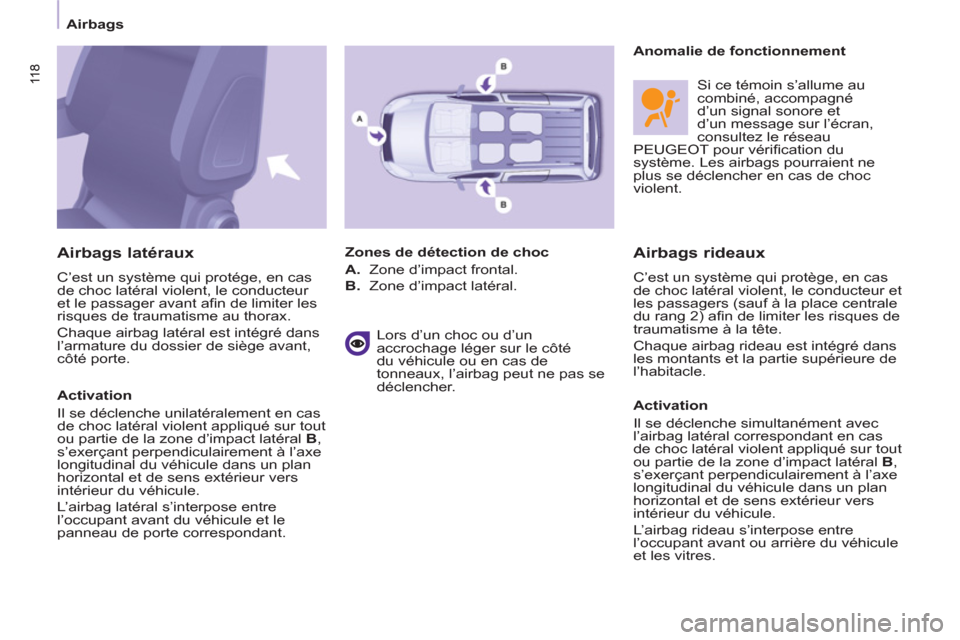 Peugeot Partner Tepee 2011  Manuel du propriétaire (in French) 11 8 11 8
 
 
 
Airbags  
 
 
 
Airbags rideaux 
 
C’est un système qui protège, en cas 
de choc latéral violent, le conducteur et 
les passagers (sauf à la place centrale 
du rang 2) aﬁ n de 
