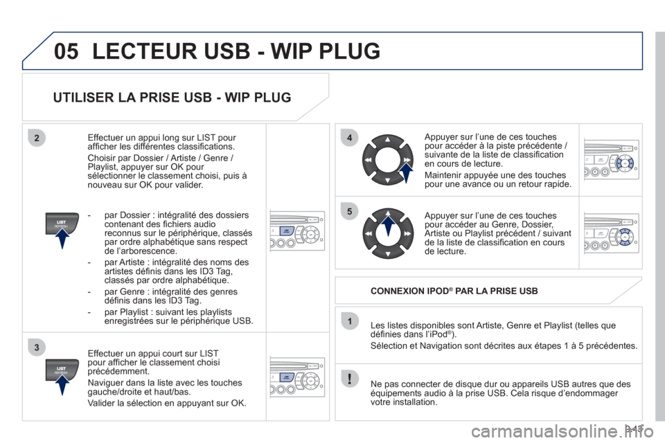 Peugeot Partner Tepee 2011  Manuel du propriétaire (in French) 9.43
05
42
3
1
5
LECTEUR USB - WIP PLUG
   
UTILISER LA PRISE USB - WIP PLUG 
 
 
Effectuer un appui court sur LIST pour afﬁ cher le classement choisiprÈcÈdemment. 
  Navi
guer dans la liste avec 