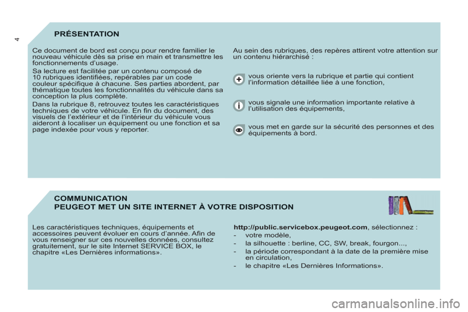 Peugeot Partner Tepee 2011  Manuel du propriétaire (in French) 4PRÉSENTATION
  Au sein des rubriques, des repères attirent votre attention sur 
un contenu hiérarchisé :    Ce document de bord est conçu pour rendre familier le 
nouveau véhicule dès sa prise