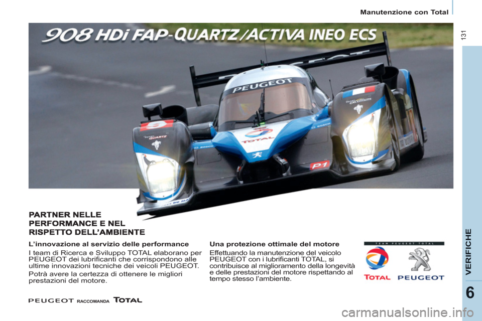 Peugeot Partner Tepee 2011 Manuale del proprietario (in Italian) 131
VERIFICH
E
6
Manutenzione con Total
L’innovazione al servizio delle performance
I team di Ricerca e Sviluppo TOTAL elaborano per
PEUGEOT dei lubrifi canti che corrispondono Peugeot Partner Tepee 2011 Manuale del proprietario (in Italian) 131
VERIFICH
E
6
Manutenzione con Total
L’innovazione al servizio delle performance
I team di Ricerca e Sviluppo TOTAL elaborano per
PEUGEOT dei lubrifi canti che corrispondono