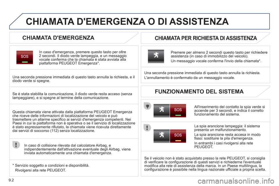 Peugeot Partner Tepee 2011 Manuale del proprietario (in Italian) 9.2
CHIAMATA DEMERGENZA O DI ASSISTENZA
CHIAMATA DEMERGENZA
In caso demergenza, premere questo tasto per oltre2 secondi. Il diodo verde lampeggia, e un messaggio
vocale conferm Peugeot Partner Tepee 2011 Manuale del proprietario (in Italian) 9.2
CHIAMATA DEMERGENZA O DI ASSISTENZA
CHIAMATA DEMERGENZA
In caso demergenza, premere questo tasto per oltre2 secondi. Il diodo verde lampeggia, e un messaggio
vocale conferm