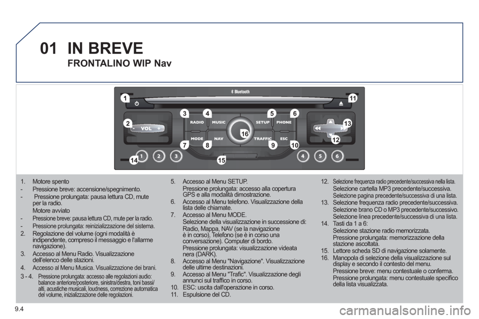 Peugeot Partner Tepee 2011  Manuale del proprietario (in Italian) 9.4
01
1
55
101
22
334466
131
111
99
144155
77881212161
1.Motore spento  -   Pressione breve: accensione/spegnimento.  -   Pressione prolungata: pausa lettura CD, muteper la radio.  Motore avviato -  