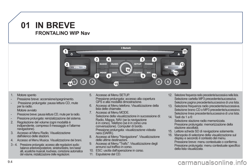 Peugeot Partner Tepee 2011 Manuale del proprietario (in Italian) 9.4
01
1
55
101
22
334466
131
111
99
144155
77881212161
1.Motore spento - Pressione breve: accensione/spegnimento. - Pressione prolungata: pausa lettura CD, muteper la radio. Motore avviato - Peugeot Partner Tepee 2011 Manuale del proprietario (in Italian) 9.4
01
1
55
101
22
334466
131
111
99
144155
77881212161
1.Motore spento - Pressione breve: accensione/spegnimento. - Pressione prolungata: pausa lettura CD, muteper la radio. Motore avviato -