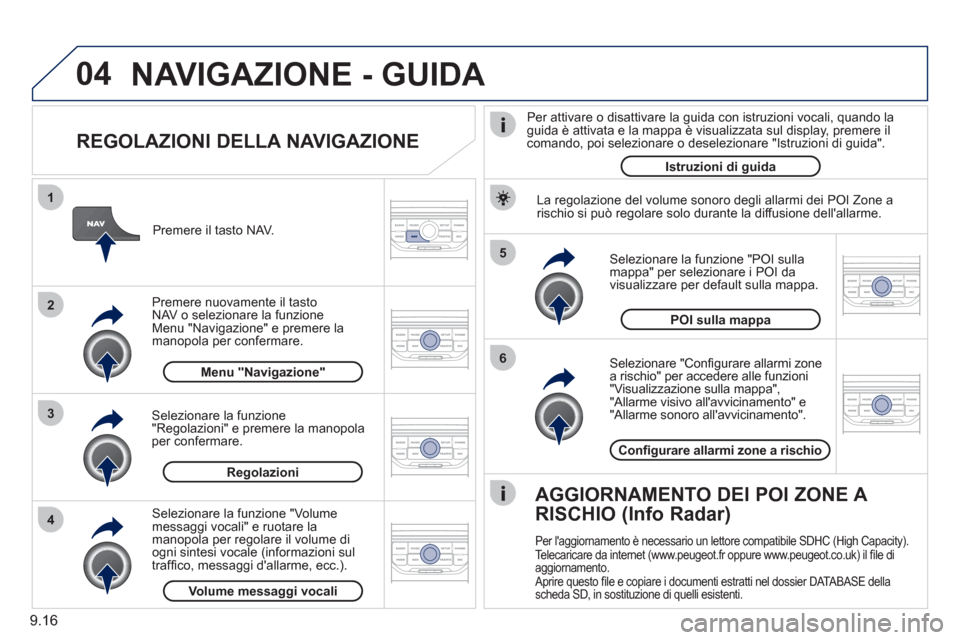 Peugeot Partner Tepee 2011 Manuale del proprietario (in Italian) 9.16
04
5
6
3 2 1
4
REGOLAZIONI DELLA NAVIGAZIONE
Selezionare "Confi gurare allarmi zone
a rischio" per accedere alle funzioni"Visualizzazione sulla mappa", "Allarme visivo allavvicinamento" Peugeot Partner Tepee 2011 Manuale del proprietario (in Italian) 9.16
04
5
6
3 2 1
4
REGOLAZIONI DELLA NAVIGAZIONE
Selezionare "Confi gurare allarmi zone
a rischio" per accedere alle funzioni"Visualizzazione sulla mappa", "Allarme visivo allavvicinamento"