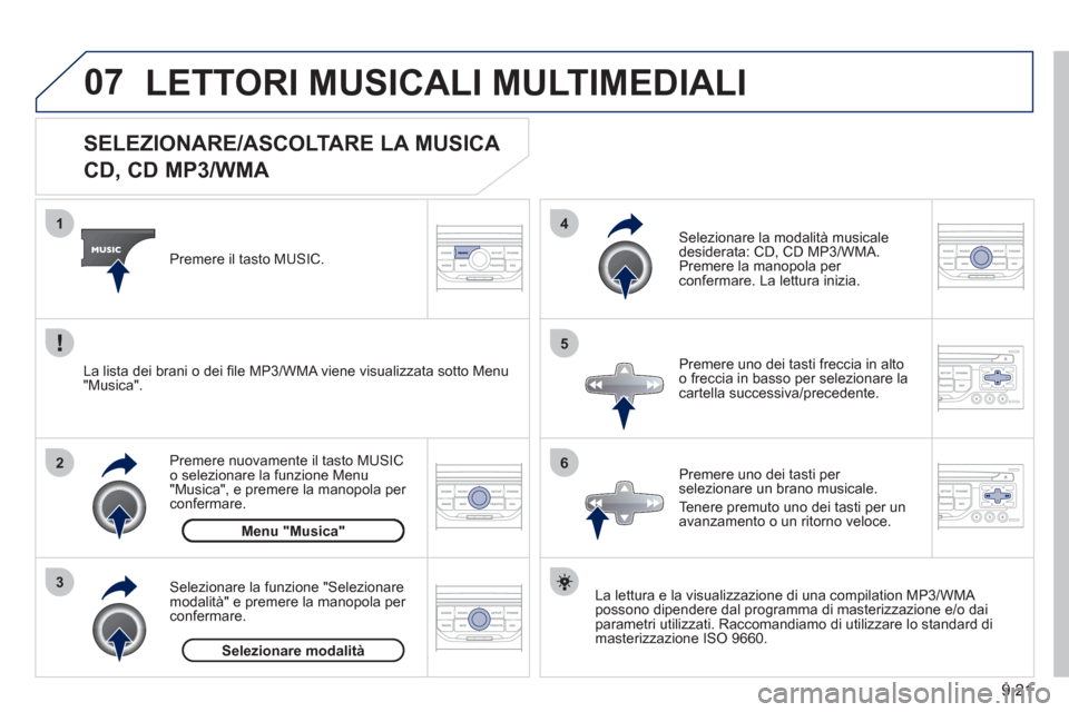 Peugeot Partner Tepee 2011 Manuale del proprietario (in Italian) 9.21
07
3 2 1
6
4
5
SELEZIONARE/ASCOLTARE LA MUSICA
CD, CD MP3/WMA
La lettura e la visualizzazione di una compilation MP3/WMA
possono dipendere dal programma di masterizz Peugeot Partner Tepee 2011 Manuale del proprietario (in Italian) 9.21
07
3 2 1
6
4
5
SELEZIONARE/ASCOLTARE LA MUSICA
CD, CD MP3/WMA
La lettura e la visualizzazione di una compilation MP3/WMA
possono dipendere dal programma di masterizz