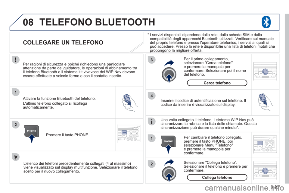 Peugeot Partner Tepee 2011 Manuale del proprietario (in Italian) 9.23
08
1
2
3
2 1 4
* I servizi disponibili dipendono dalla rete, dalla scheda SIM e dallacompatibilità degli apparecchi Bluetooth utilizzati. Verifi care sul manuale
del proprio telefono e presso l Peugeot Partner Tepee 2011 Manuale del proprietario (in Italian) 9.23
08
1
2
3
2 1 4
* I servizi disponibili dipendono dalla rete, dalla scheda SIM e dallacompatibilità degli apparecchi Bluetooth utilizzati. Verifi care sul manuale
del proprio telefono e presso l