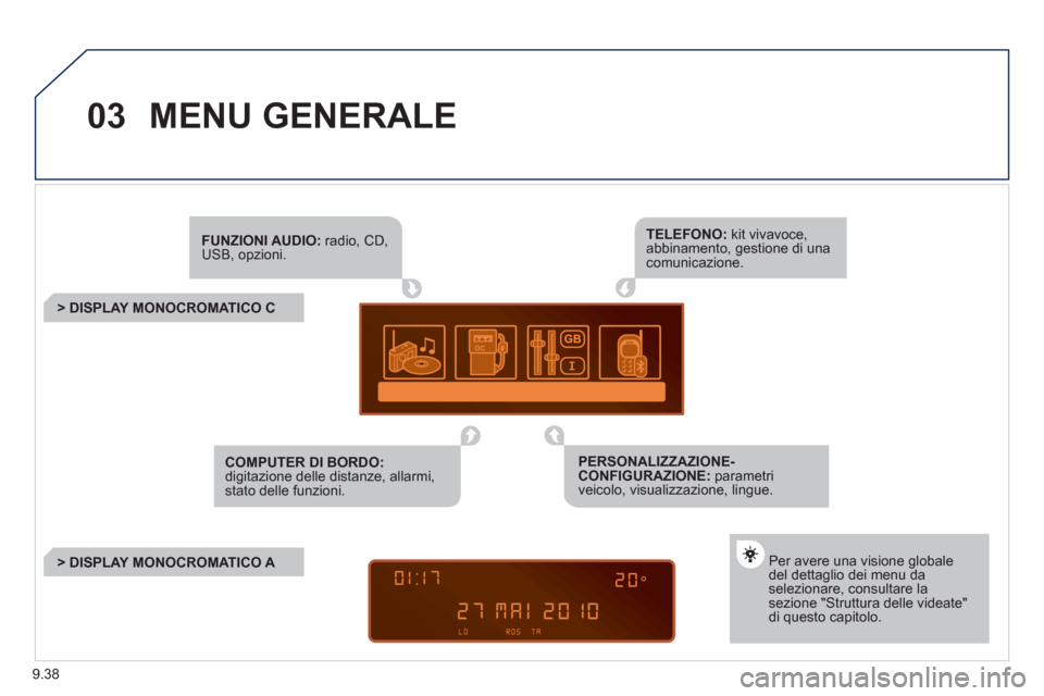 Peugeot Partner Tepee 2011  Manuale del proprietario (in Italian) 9.38
03MENU GENERALE
FUNZIONI AUDIO:radio, CD,USB, opzioni.
   
 
 
 
 
 
 
 
> DISPLAY MONOCROMATICO C  
Per avere una visione globaledel dettaglio dei menu daselezionare, consultare la sezione "Stru