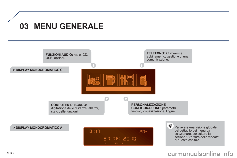 Peugeot Partner Tepee 2011 Manuale del proprietario (in Italian) 9.38
03MENU GENERALE
FUNZIONI AUDIO:radio, CD,USB, opzioni.
> DISPLAY MONOCROMATICO C
Per avere una visione globaledel dettaglio dei menu daselezionare, consultare la sezione "Stru Peugeot Partner Tepee 2011 Manuale del proprietario (in Italian) 9.38
03MENU GENERALE
FUNZIONI AUDIO:radio, CD,USB, opzioni.
> DISPLAY MONOCROMATICO C
Per avere una visione globaledel dettaglio dei menu daselezionare, consultare la sezione "Stru