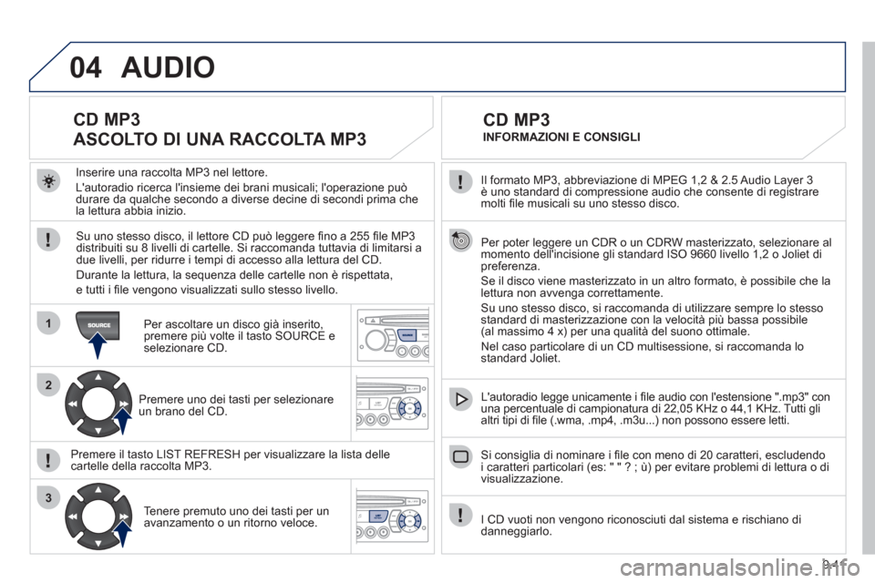 Peugeot Partner Tepee 2011 Manuale del proprietario (in Italian) 9.41
04
1
2
3
Il formato MP3, abbreviazione di MPEG 1,2 & 2.5 Audio Layer 3 è uno standard di compressione audio che consente di registraremolti fi le musicali su uno stesso disco.
Per poter leg Peugeot Partner Tepee 2011 Manuale del proprietario (in Italian) 9.41
04
1
2
3
Il formato MP3, abbreviazione di MPEG 1,2 & 2.5 Audio Layer 3 è uno standard di compressione audio che consente di registraremolti fi le musicali su uno stesso disco.
Per poter leg