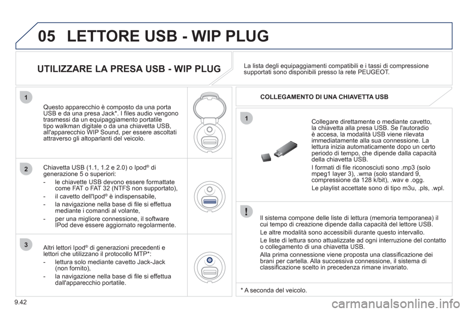 Peugeot Partner Tepee 2011 Manuale del proprietario (in Italian) 9.42
05
1
1
2
3
LETTORE USB - WIP PLUG
Il sistema compone delle liste di lettura (memoria temporanea) ilcui tempo di creazione dipende dalla capacità del lettore USB.
Le altre modalità sono Peugeot Partner Tepee 2011 Manuale del proprietario (in Italian) 9.42
05
1
1
2
3
LETTORE USB - WIP PLUG
Il sistema compone delle liste di lettura (memoria temporanea) ilcui tempo di creazione dipende dalla capacità del lettore USB.
Le altre modalità sono